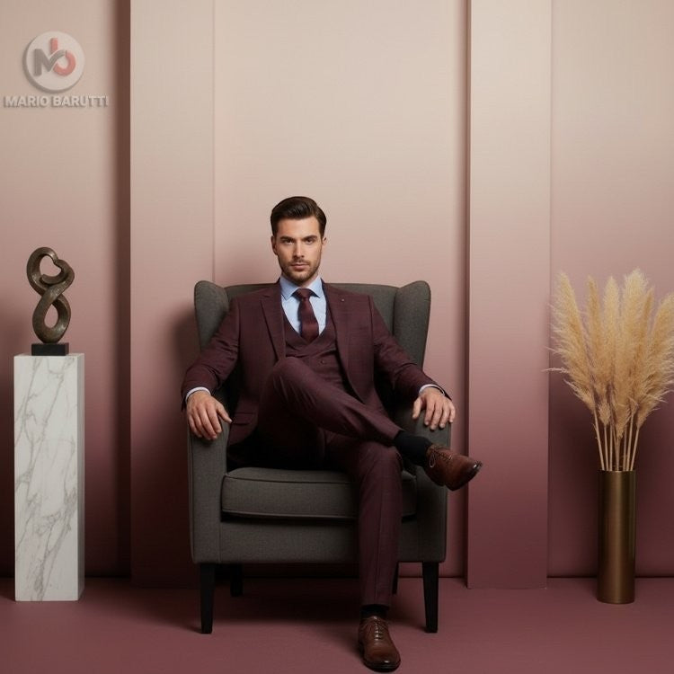 Barutti.ae model wearing a maroon blue-check three-piece suit with a waistcoat, sitting in a grey armchair.
