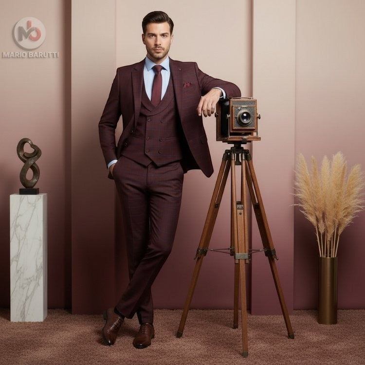 Barutti.ae maroon three-piece suit with blue check pattern, worn by a man leaning on a vintage wooden camera tripod.