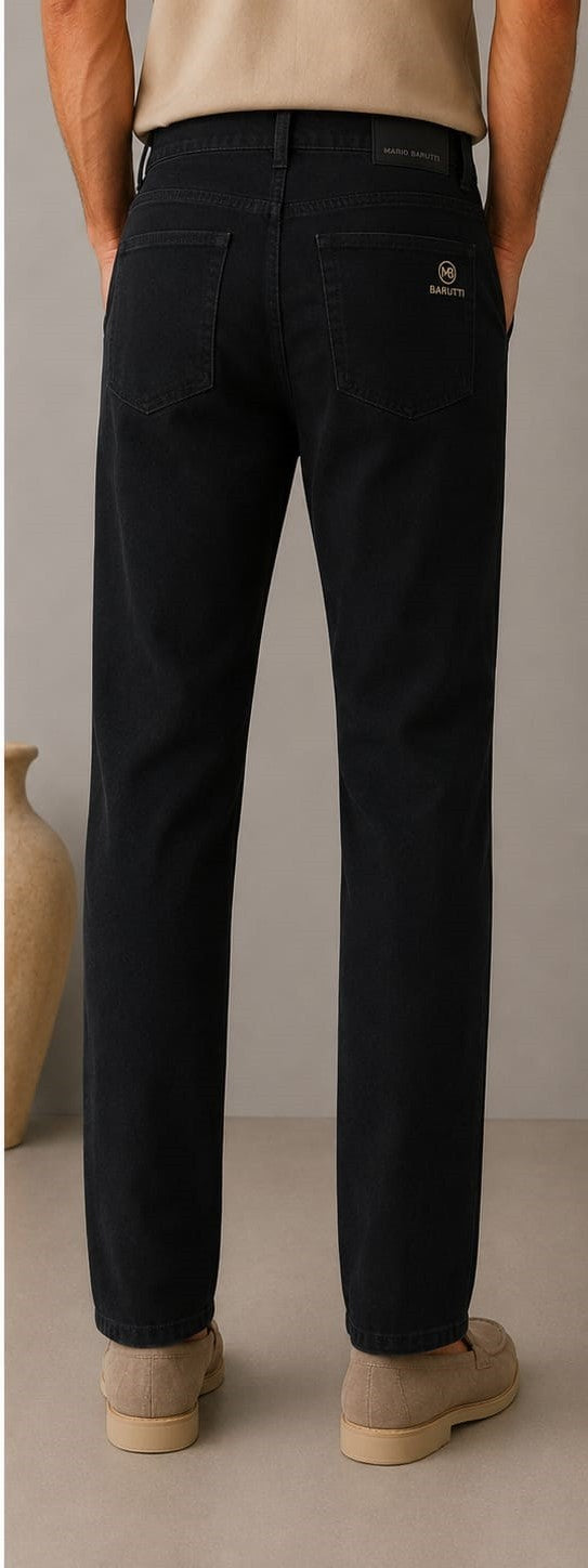 Back view of Barutti.ae men's black denim jeans featuring a five-pocket design and subtle logo embroidery.