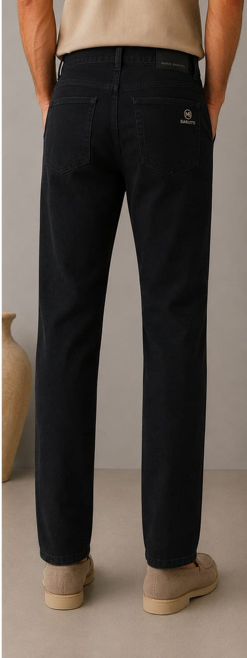 Back view of Barutti.ae men's black denim jeans featuring a five-pocket design and subtle logo embroidery.