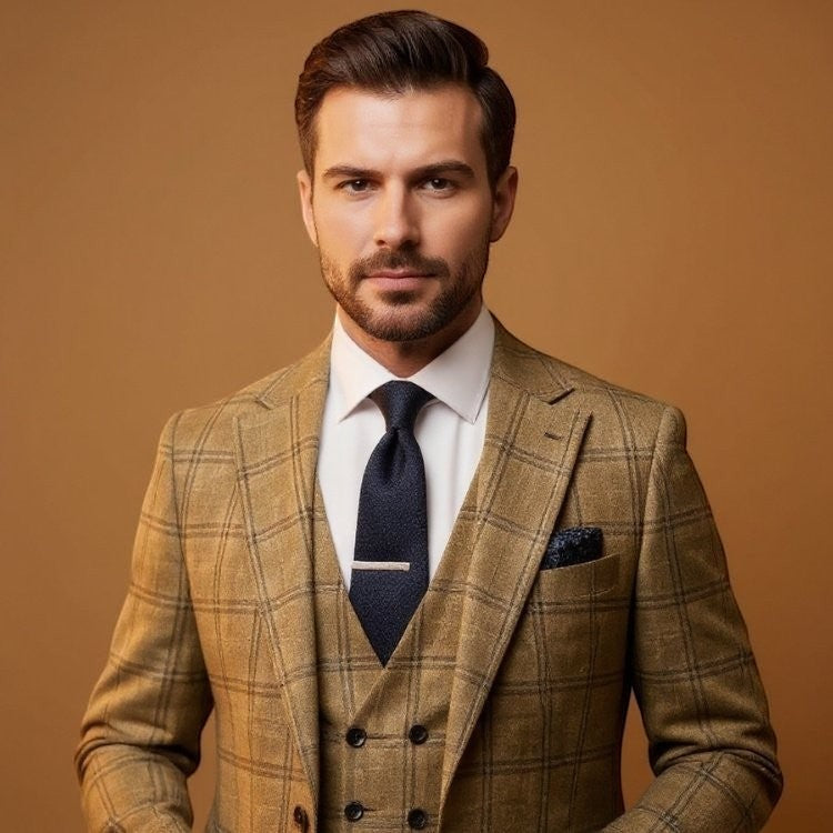 Barutti.ae mustard check two-piece suit with notch lapel worn by a man with a white shirt and dark tie