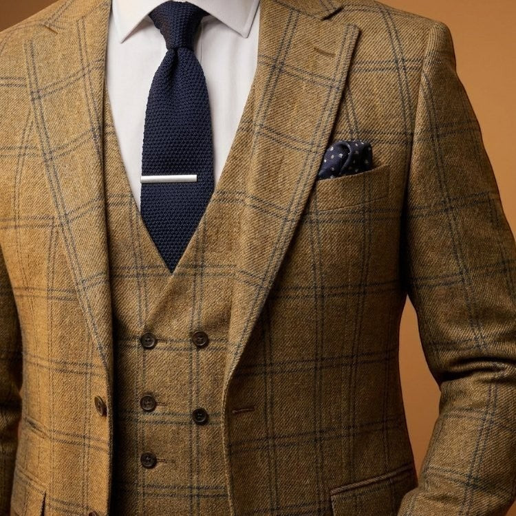 Barutti.ae Marco Ricci mustard check two-piece suit with a navy knitted tie and pocket square on a model.