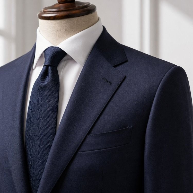 Barutti navy blue two-piece suit with a notch-lapel jacket and matching tie on a mannequin