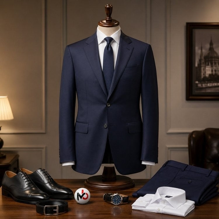 Barutti navy blue two-piece suit on a mannequin with a white dress shirt, tie, and black leather dress shoes.