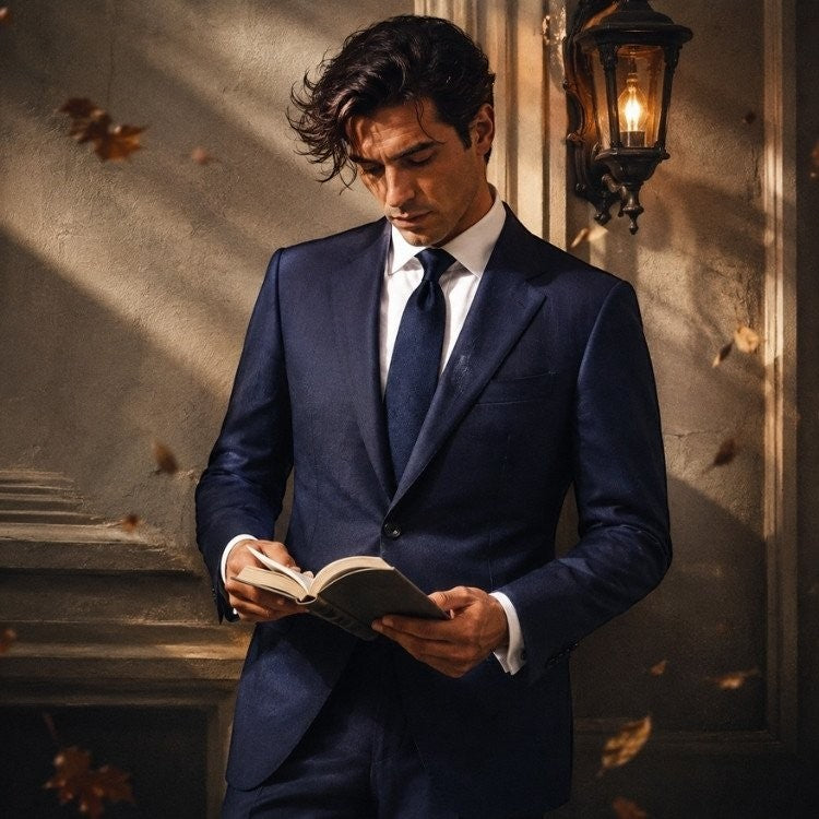 Man wearing a navy blue Barutti two-piece suit with a notch lapel, reading a book in a warm, atmospheric setting.