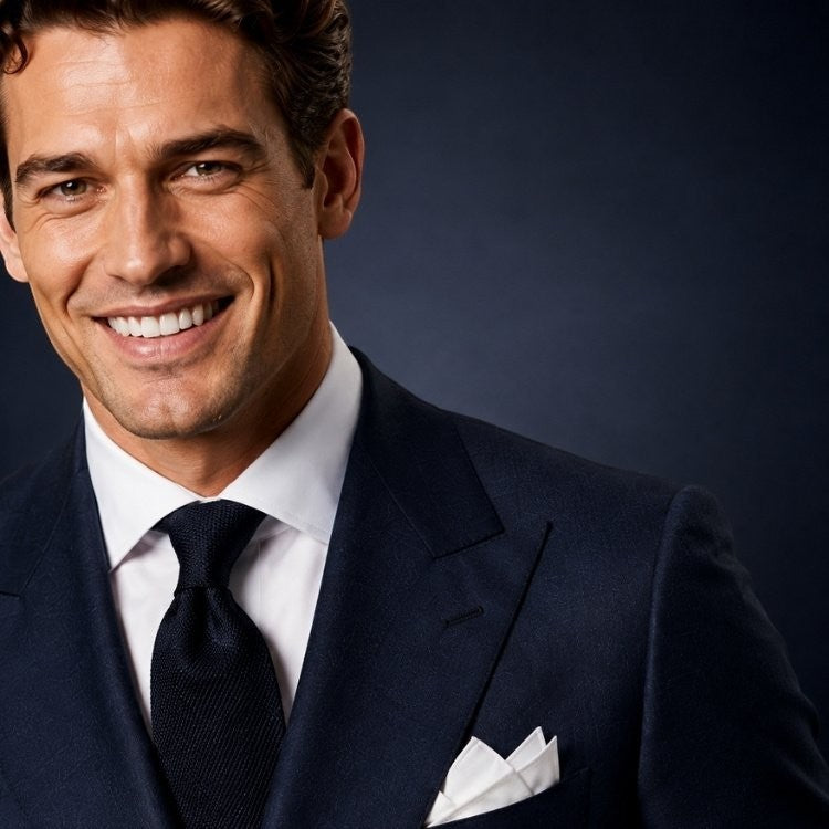 Mario Barutti navy double-breasted suit with peak lapels, white shirt, and dark tie worn by a smiling man.