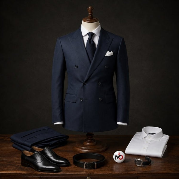 Mario Barutti navy double-breasted two-piece suit with peak lapels on a mannequin, styled with dress shirt and accessories.