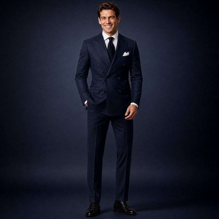 Mario Barutti navy double-breasted two-piece suit with peak lapels worn by a smiling man in a white shirt and black tie.
