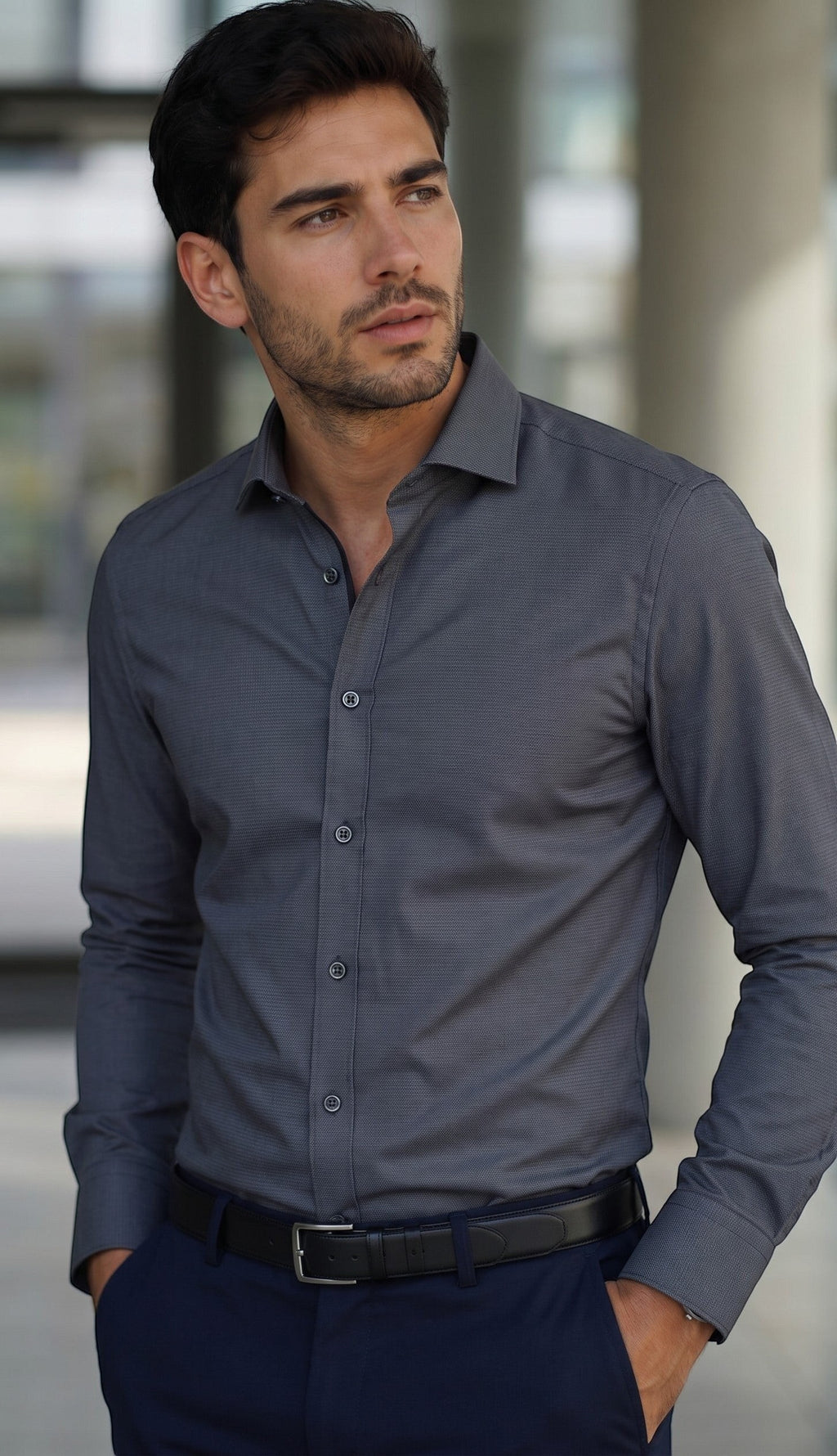 Barutti.ae Venti navy blue long sleeve button down dress shirt with micro-texture pattern worn by a man.