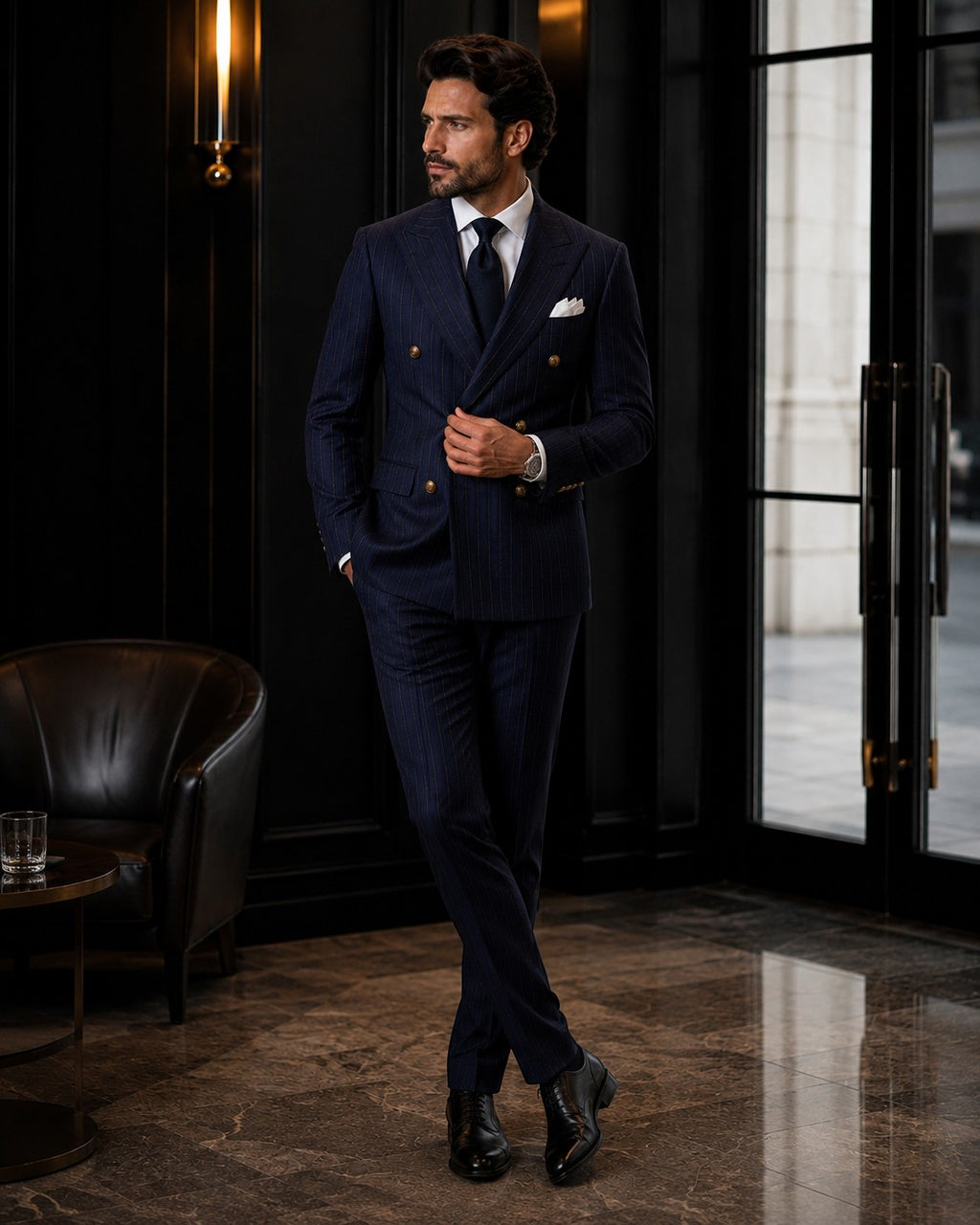 Barutti.ae navy pinstripe double-breasted suit with peak lapels and gold buttons worn by a man in a luxury interior.