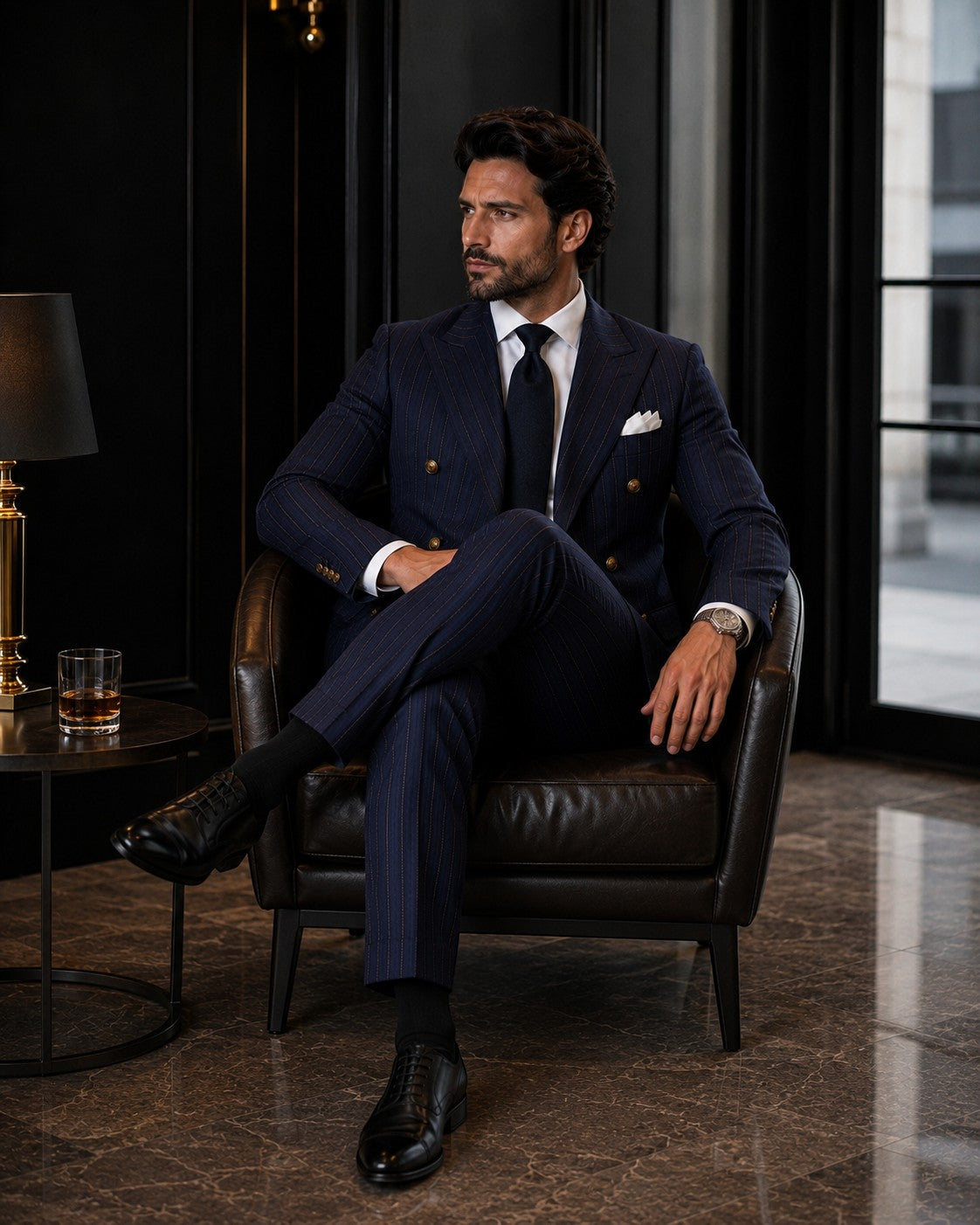 Barutti.ae navy pinstripe double-breasted suit with peak lapels and gold buttons worn by a man in a leather armchair.