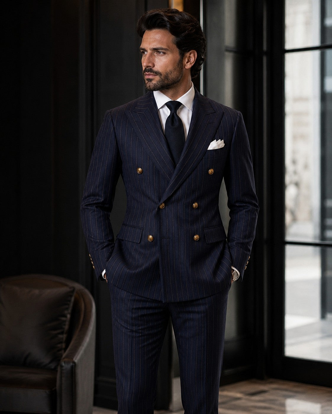 Barutti.ae navy pinstripe double-breasted suit with gold buttons and peak lapels worn by a man in a formal setting.