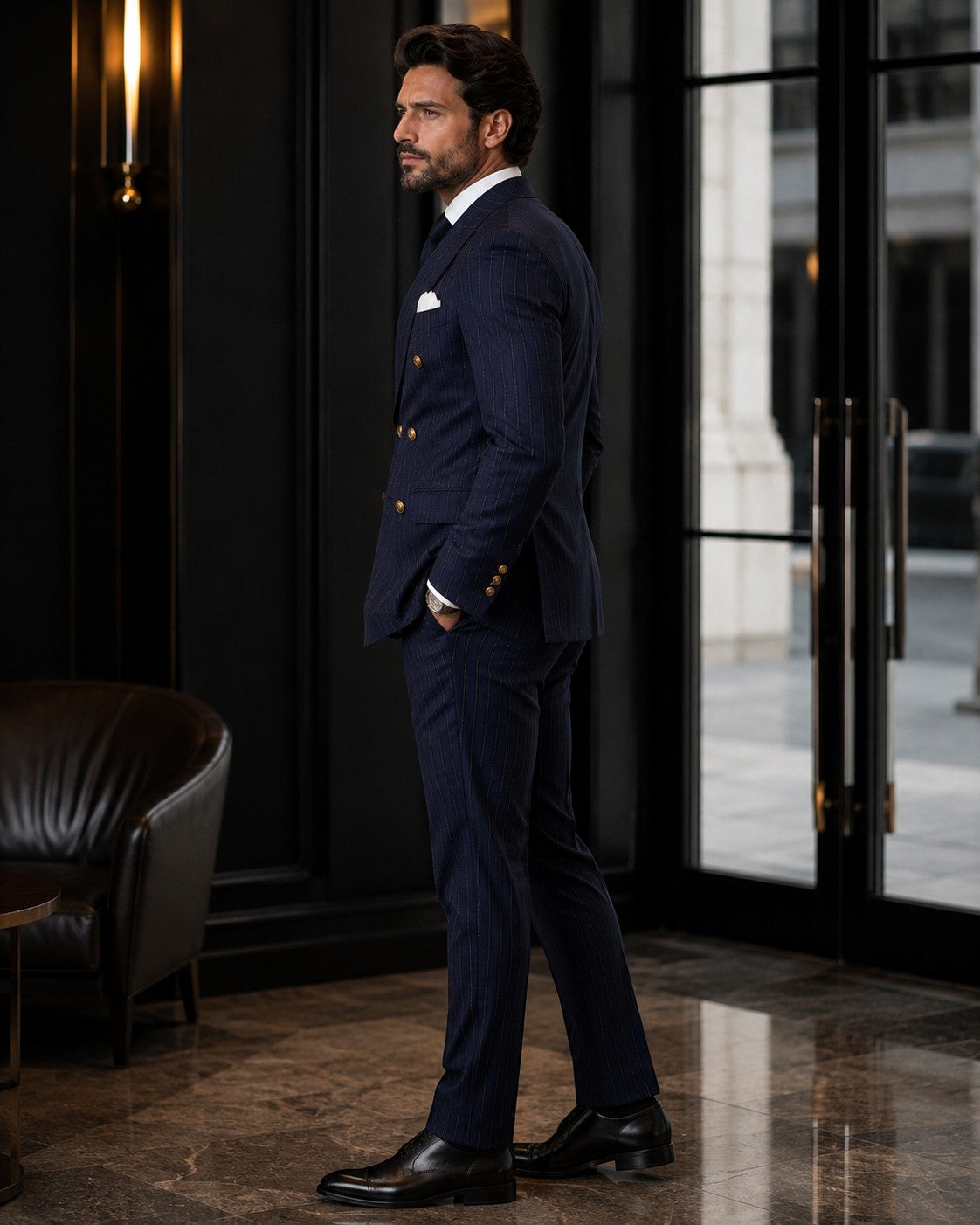 Barutti.ae navy pinstripe double-breasted suit with gold buttons and peak lapels worn by a man in a luxury interior.
