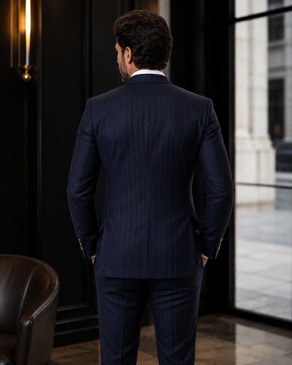 Back view of a man wearing a Barutti.ae navy pinstripe double-breasted suit with gold buttons in a luxury office.