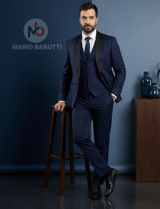 Mario Barutti navy tuxedo with a black shawl collar, vest, and white shirt worn by a man in a modern tailored fit.