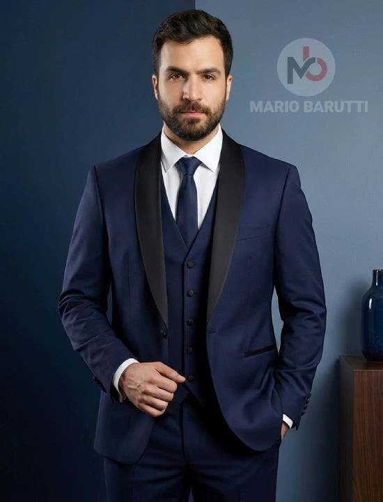 Mario Barutti navy tuxedo with a black shawl collar, matching waistcoat, and white shirt worn by a bearded model.