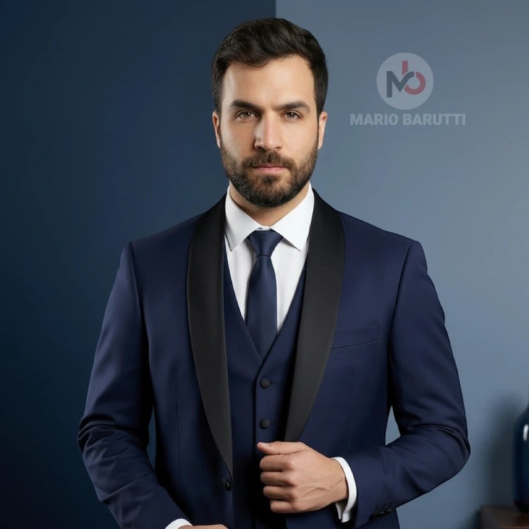 Mario Barutti navy tuxedo with a black shawl collar, worn by a man in a white shirt and matching navy tie.