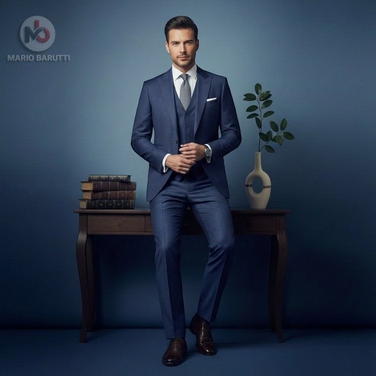 Marco Ricci navy three-piece suit worn by a man standing by a wooden desk with books and a plant.