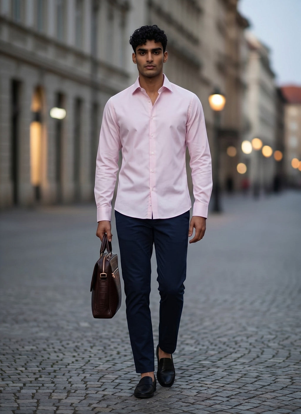 Barutti.ae man wearing a pink long sleeve non-iron dress shirt with navy trousers and a brown leather briefcase