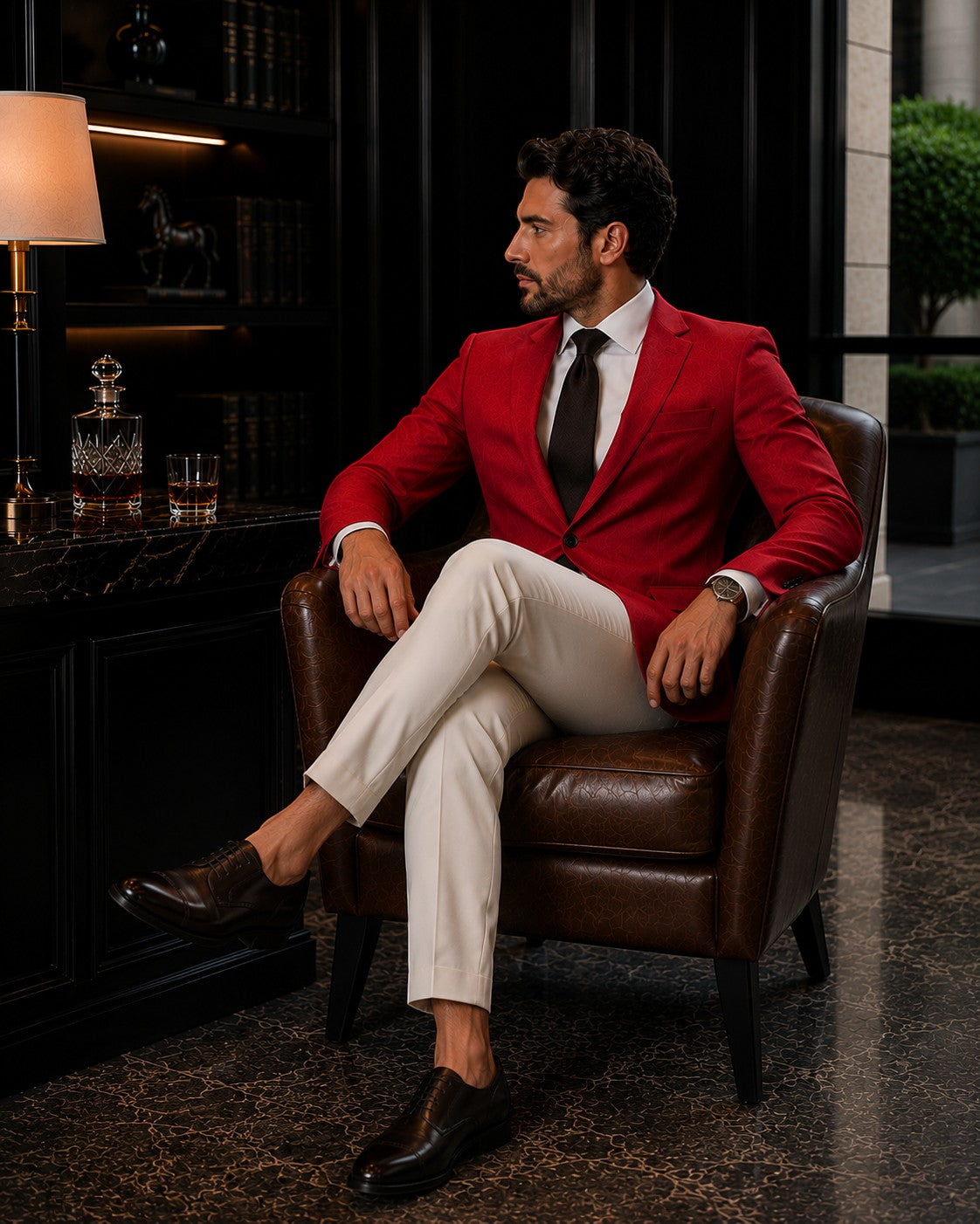 Barutti.ae red wool blazer with notch lapel worn by a man in a leather chair with white trousers and brown shoes