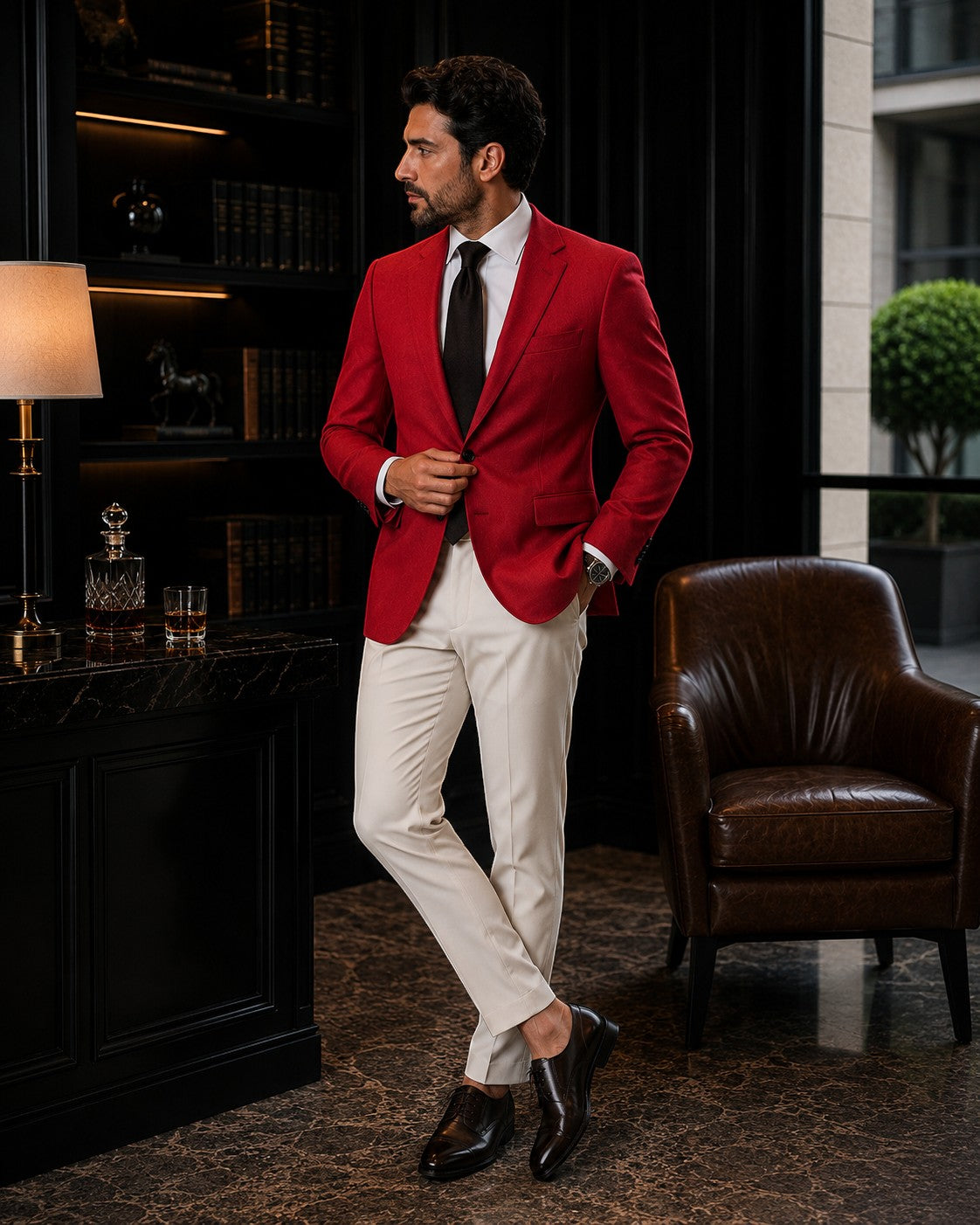 Barutti.ae red wool blazer with notch lapel worn by a man in a formal study setting with white trousers.