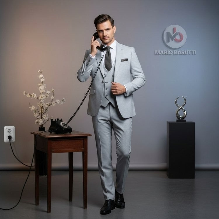 Marco Ricci model wearing a modern fit silver three-piece suit with waistcoat and tie in a studio setting.