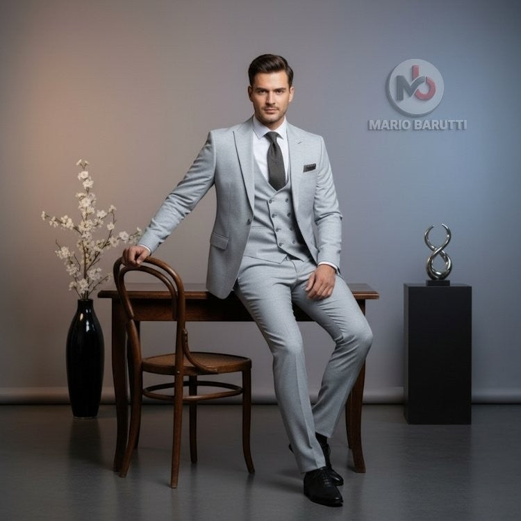 Marco Ricci model wearing a modern fit silver three-piece suit with jacket, waistcoat, and trousers in a studio.