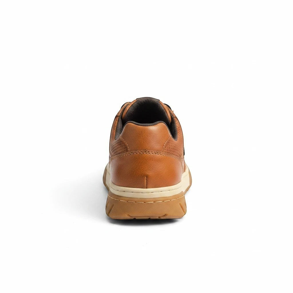 Bugatti tan leather low-top sneakers, back view showing the robust rubber outsole and heel detail.
