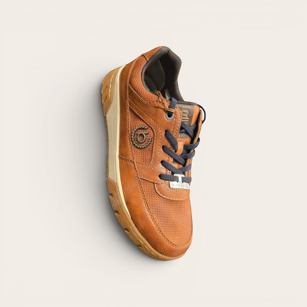 Bugatti tan leather lace-up sneakers with perforated detailing and a white rubber midsole.
