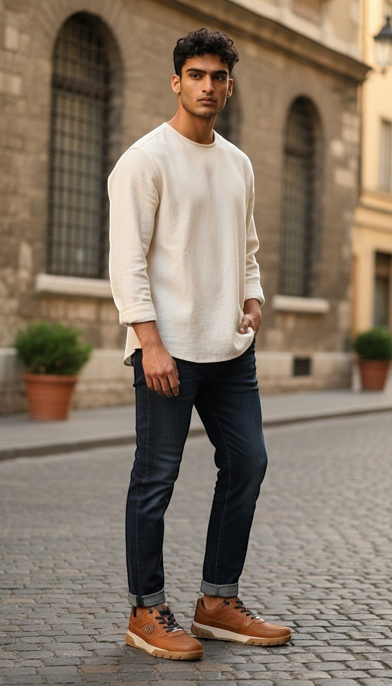 Man wearing Bugatti tan leather lace-up sneakers with perforated details and white midsoles on a street.