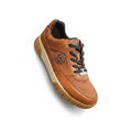 Bugatti tan leather low-top sneakers with perforated detailing, lace-up closure, and white rubber outsole.