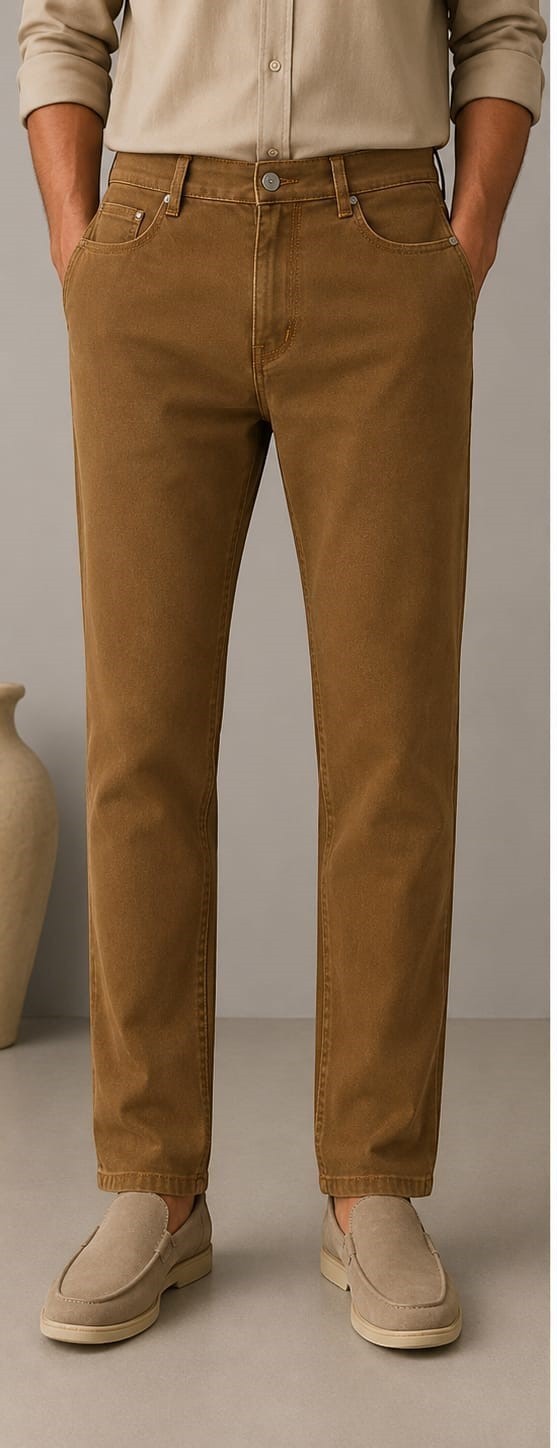 Barutti.ae men's tobacco-brown five-pocket cotton-blend trousers with a straight-leg fit and button-fly closure.