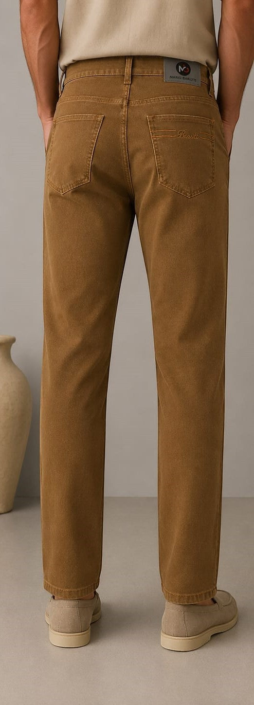 Barutti.ae tobacco brown five-pocket cotton-blend trousers with a straight-leg fit, viewed from the back.
