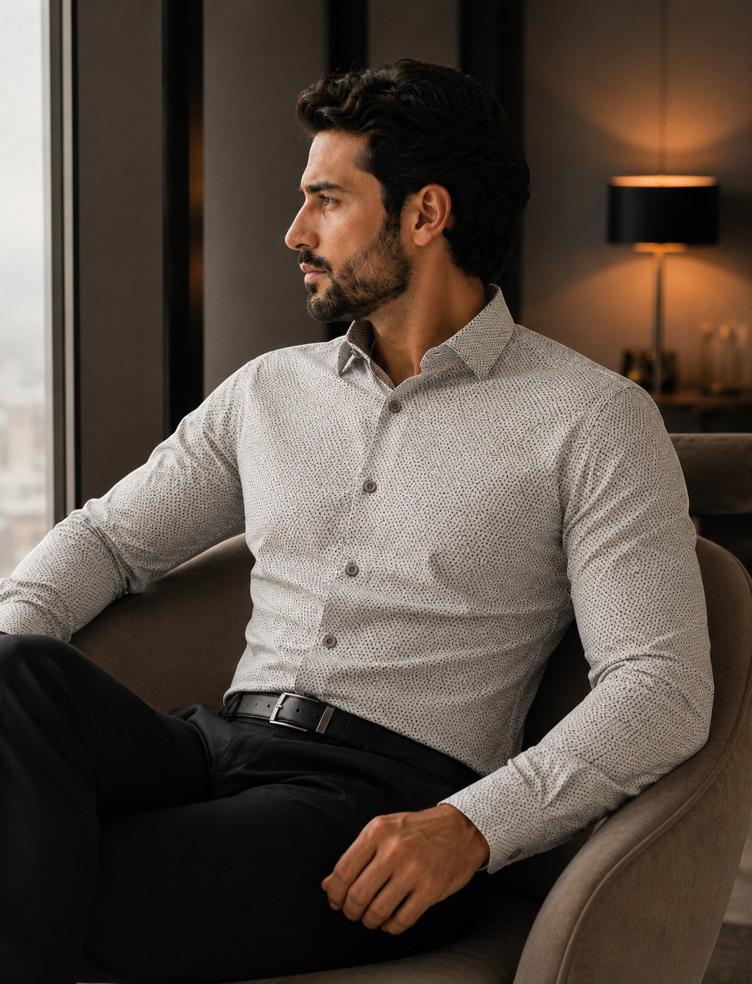 Barutti.ae Venti beige long-sleeve shirt with subtle micro-print, modern fit, worn by a man in a professional setting.