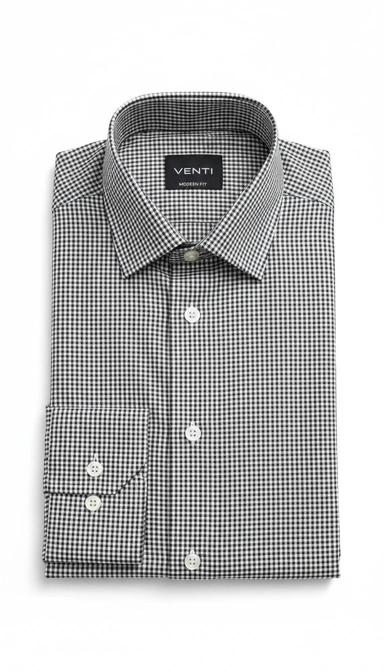 Barutti.ae VENTI modern fit long sleeve dress shirt in black and white micro-check with a classic spread collar.