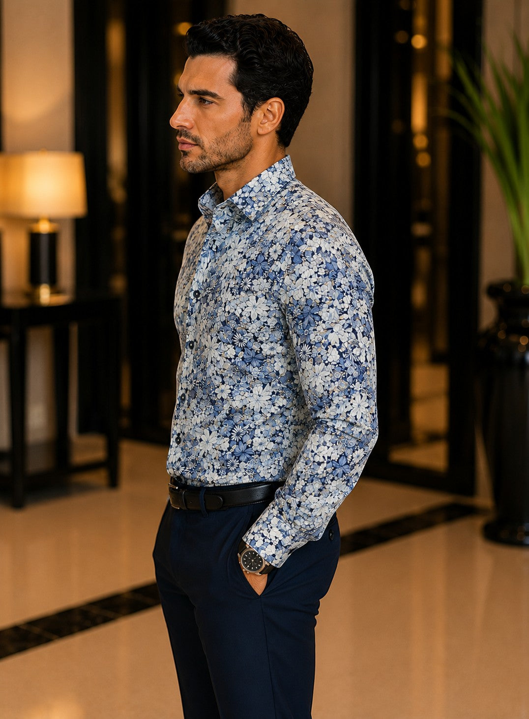 Barutti.ae Venti modern-fit shirt in blue, grey, and cream floral print worn by a man in a smart-casual setting