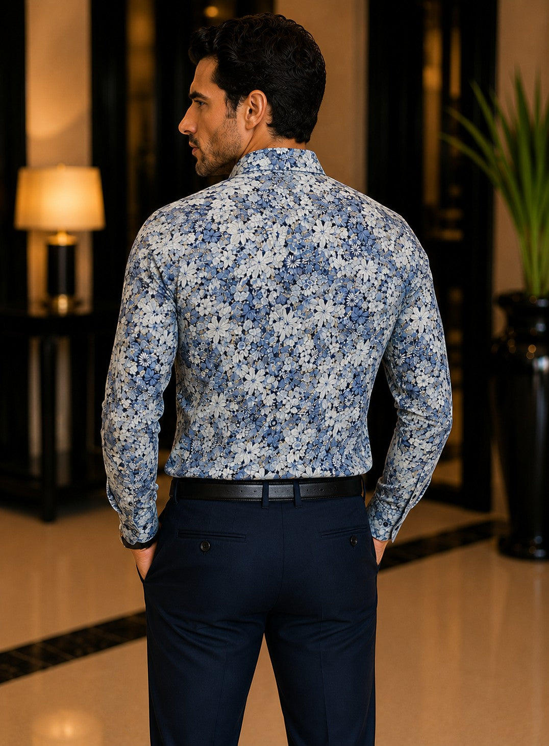 Barutti.ae Venti modern-fit shirt in blue, grey, and cream floral print worn by a man from the back view