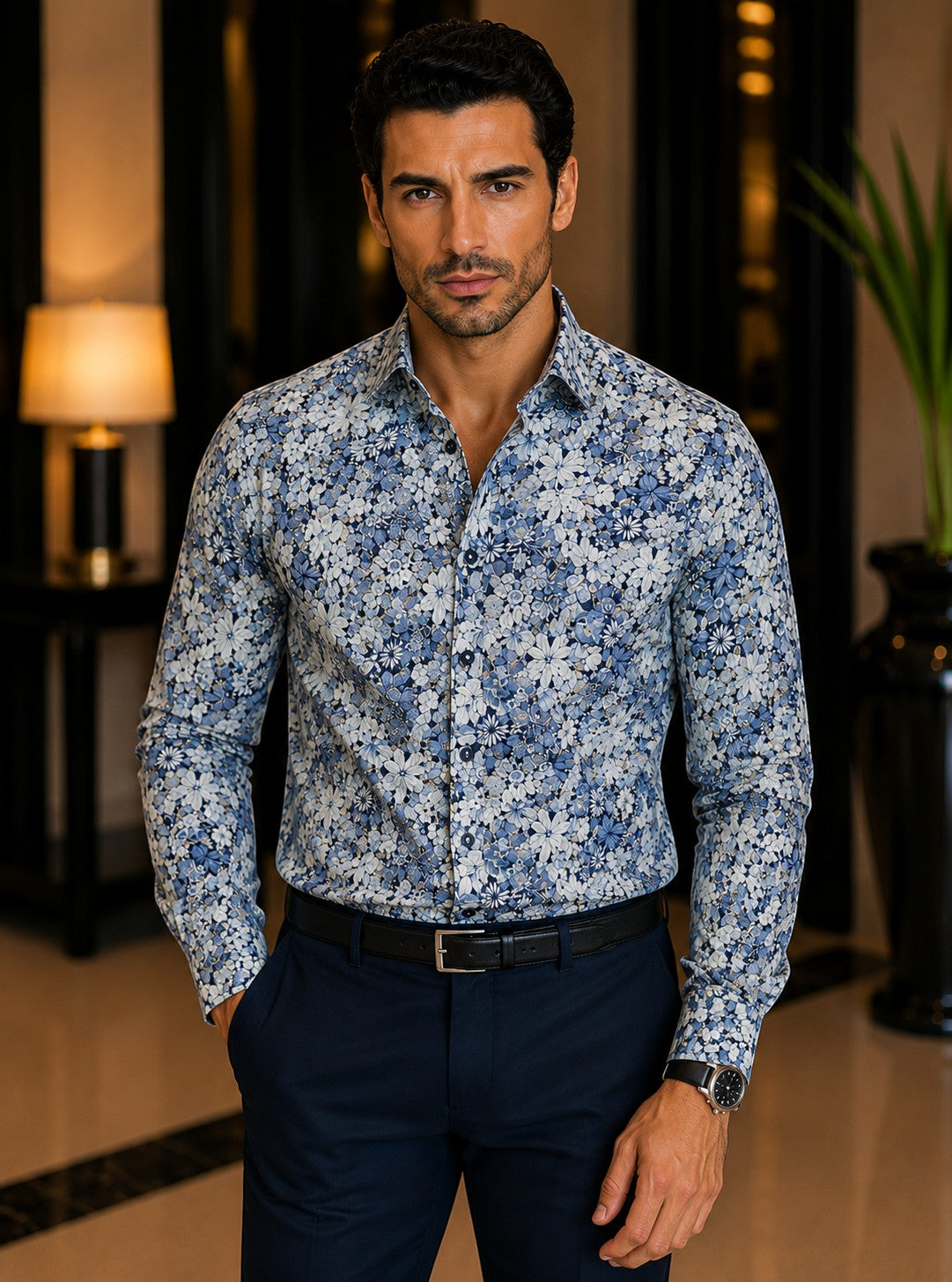 Barutti.ae Venti modern-fit shirt in blue, grey, and cream floral print cotton with a spread collar on a male model
