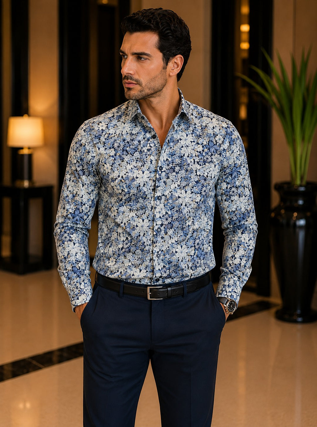Barutti.ae Venti modern-fit shirt in blue, grey, and cream floral print cotton with a spread collar on a model.