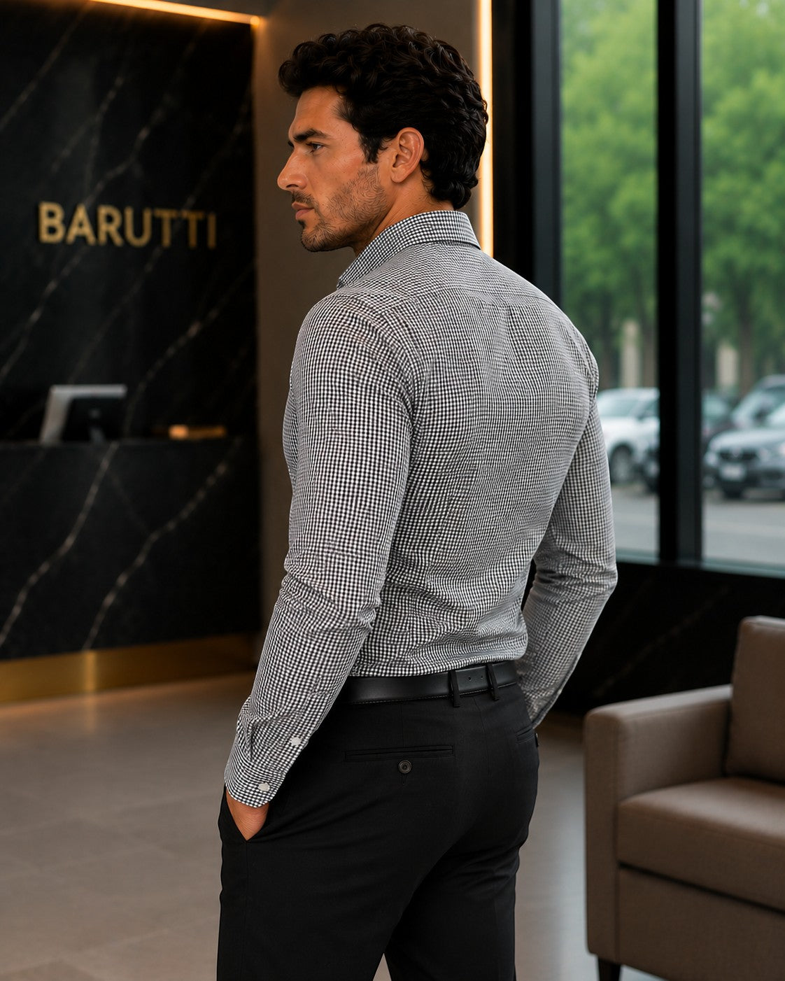 Barutti.ae Venti modern-fit long-sleeve shirt in black and white check cotton worn by a man in a professional setting