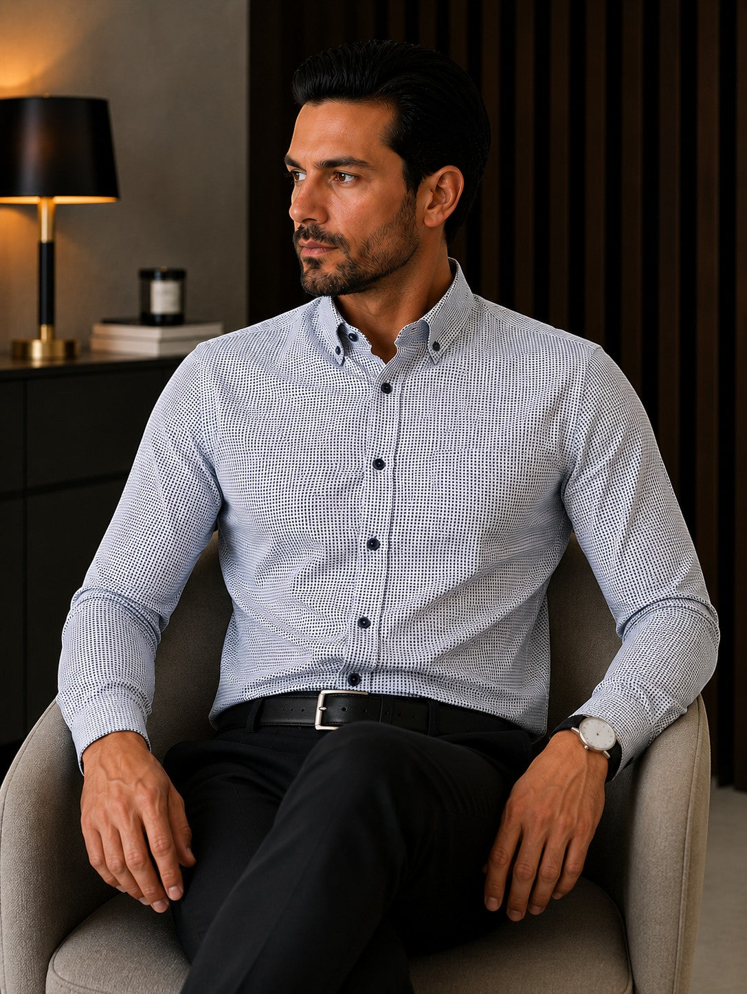 Barutti.ae Venti body-fit shirt in white with blue, tan, and navy dot print, featuring navy buttons and collar.