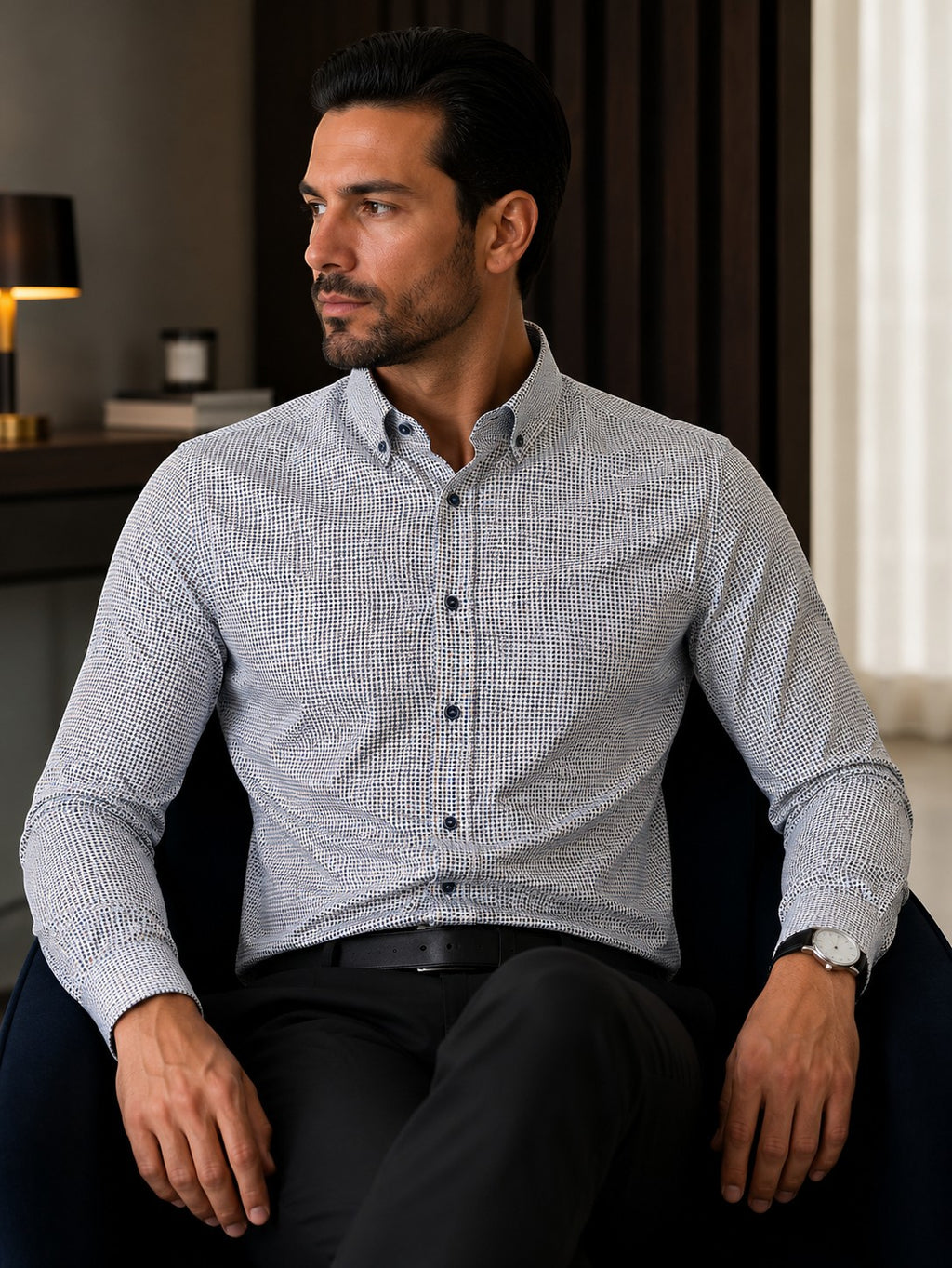 Barutti.ae Venti body-fit shirt in white with blue, tan, and navy dot print, featuring navy buttons and contrast collar.