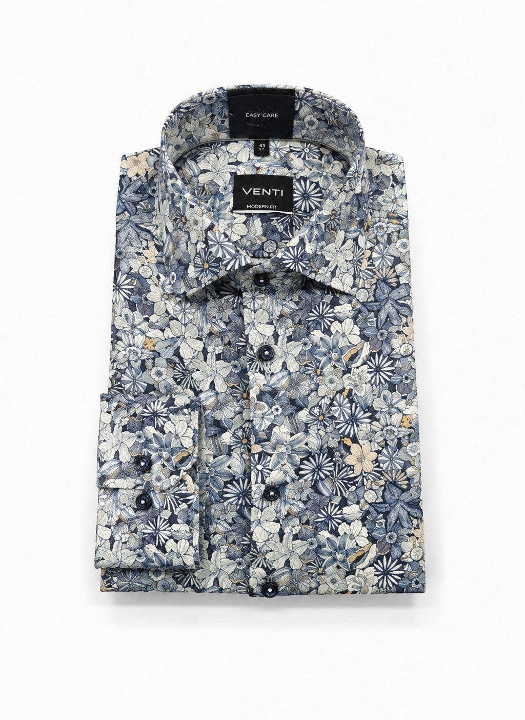 Barutti.ae VENTI modern fit long sleeve shirt featuring an intricate floral print in blue, grey, and cream tones.