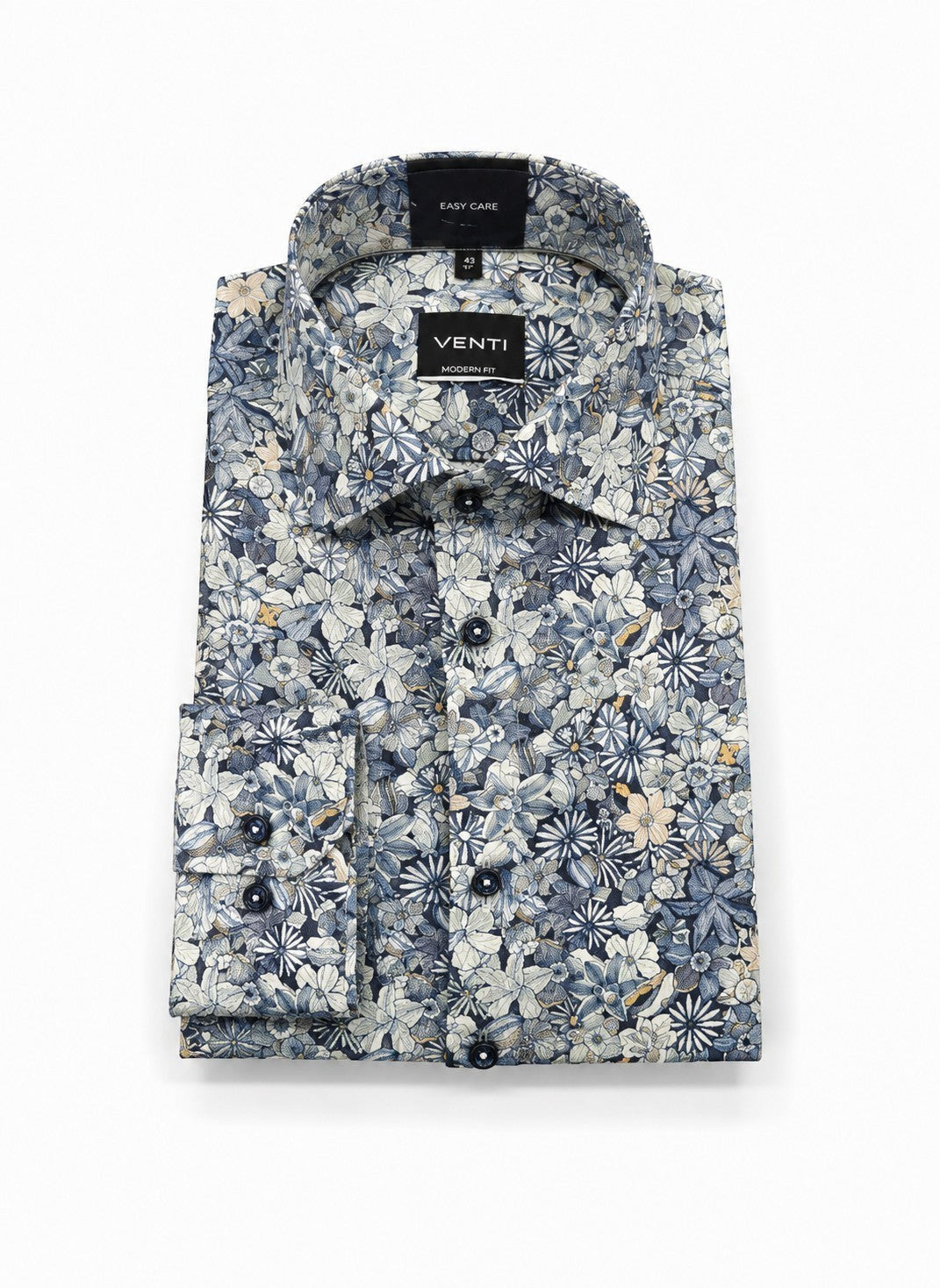 Barutti.ae VENTI modern fit long sleeve shirt featuring an intricate floral print in blue, grey, and cream tones.
