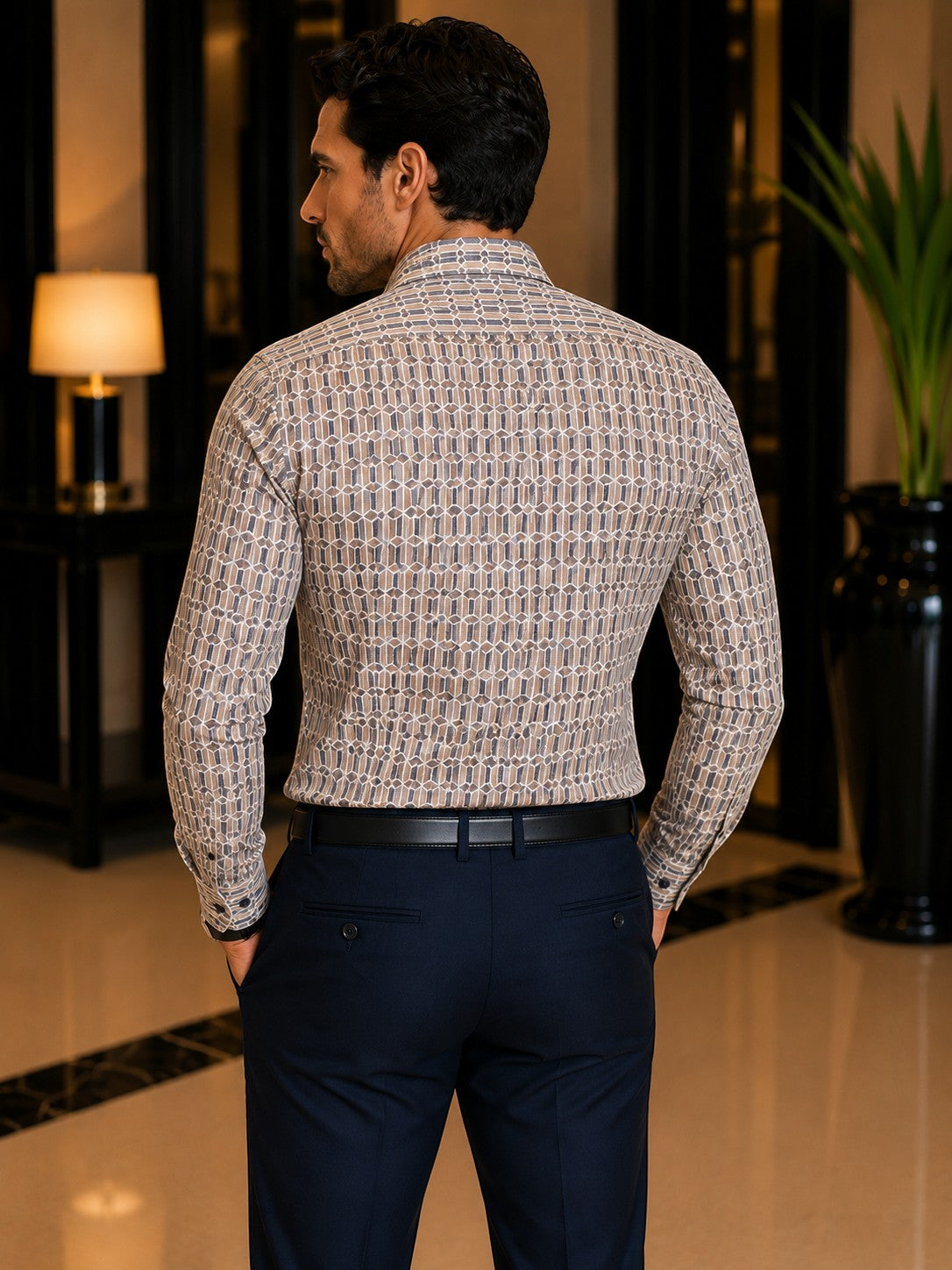 Barutti.ae Venti modern-fit shirt with a beige, grey, and charcoal geometric print, shown from the back.