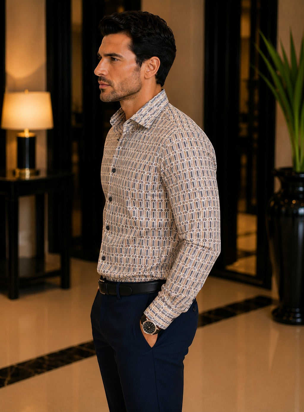 Barutti.ae Venti modern-fit shirt in beige, grey, and charcoal geometric print with a spread collar and dark buttons.