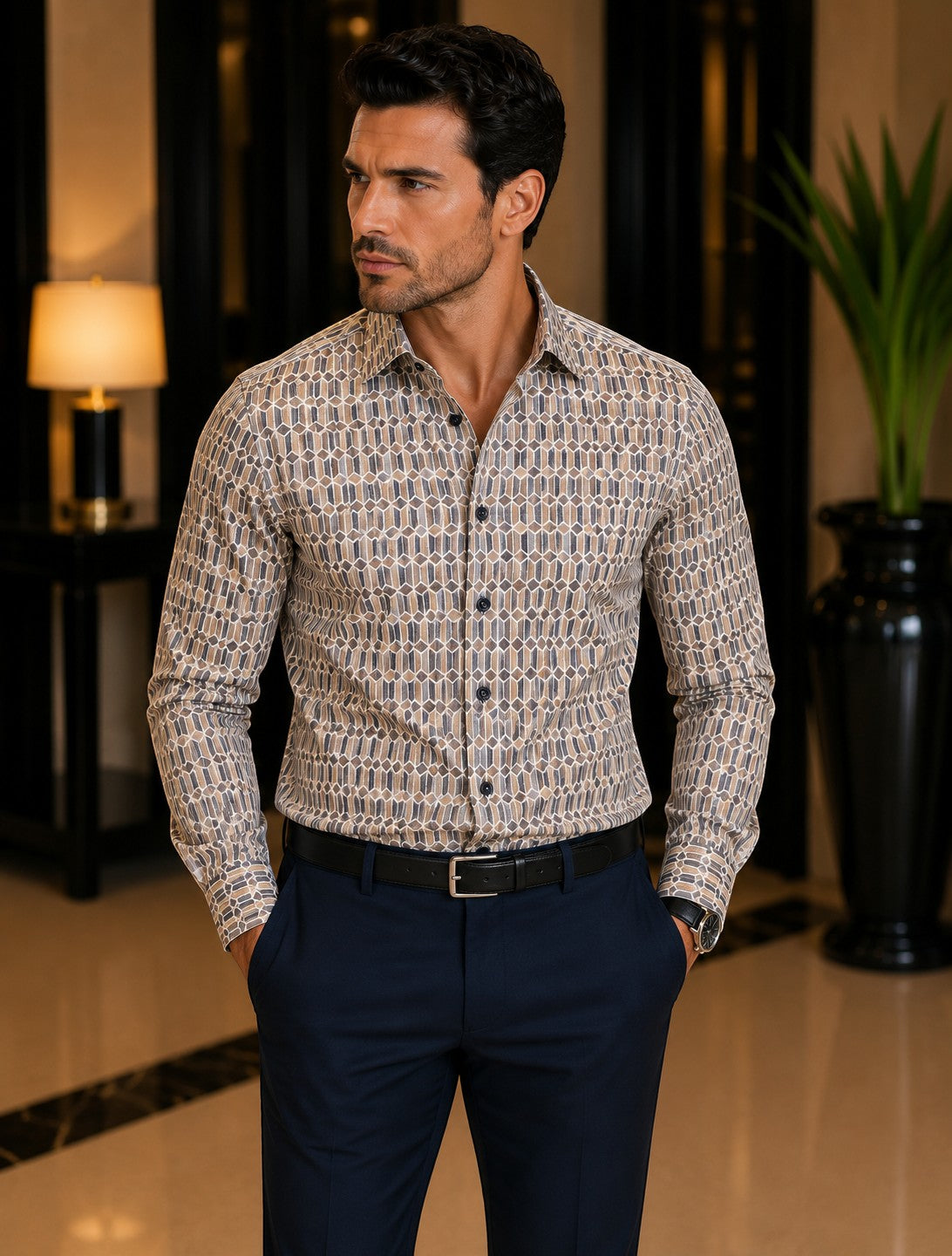 Barutti.ae Venti modern-fit shirt in beige, grey, and charcoal geometric print with dark buttons and spread collar.