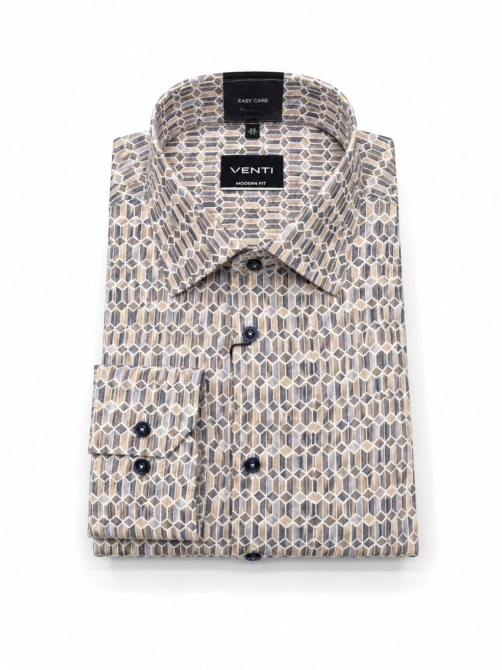 Barutti.ae VENTI modern fit long sleeve shirt with a beige, grey, and charcoal geometric pattern and dark buttons.