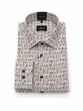 Barutti.ae VENTI modern fit long sleeve shirt with a beige, grey, and charcoal geometric pattern and dark buttons.