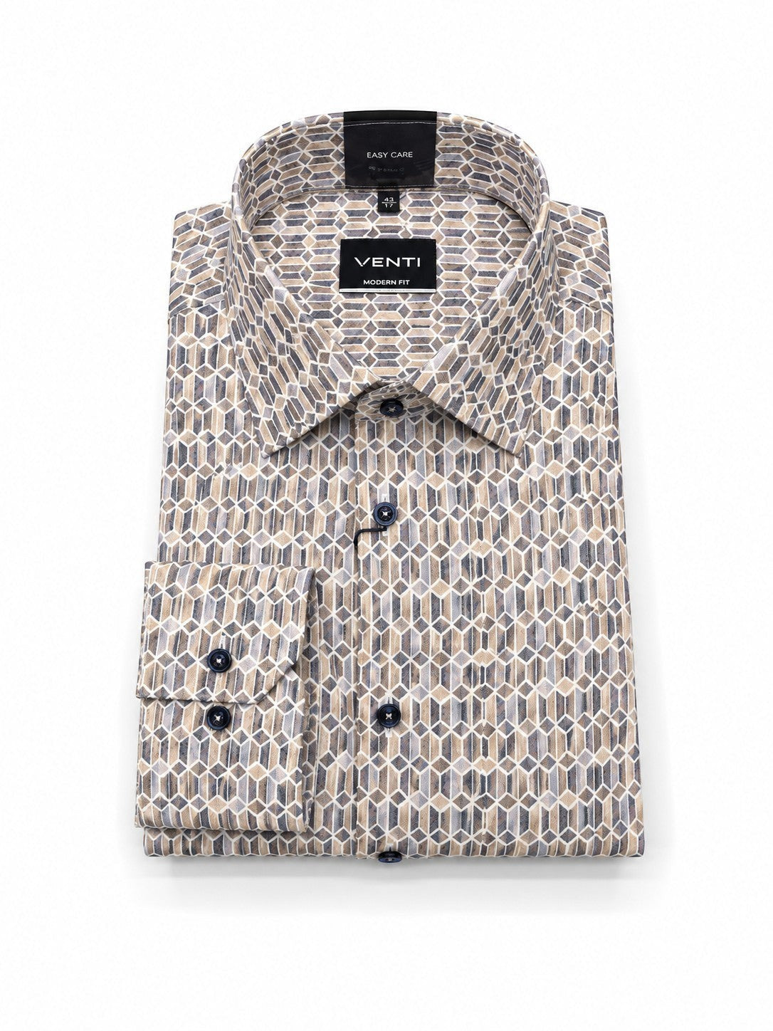Barutti.ae VENTI modern fit long sleeve shirt with a beige, grey, and charcoal geometric pattern and dark buttons.